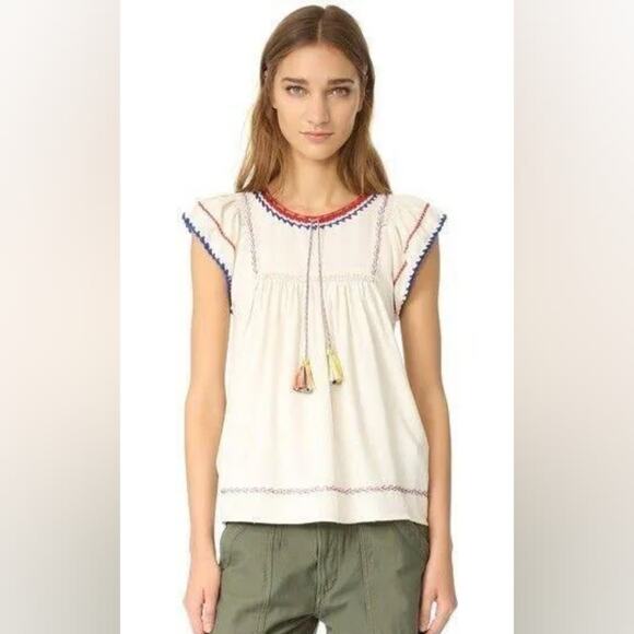 Ulla Johnson Katya Natural Crochet Embroidered Red Blue Ivory Silk Knit Blouse 2 - Picture 3 of 15